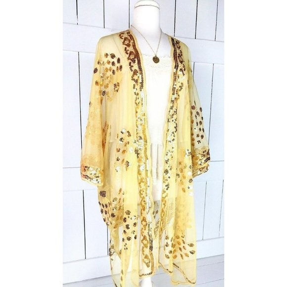 Gold sheer mesh peacock sequin kimono cover up - Picture 3 of 5